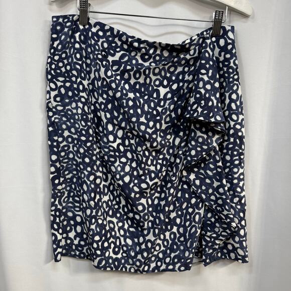 Max Mara Eliadi Ruffle Blue Geometric Print 100% Silk Pencil Mini Skirt NWOT 12 - Picture 1 of 6